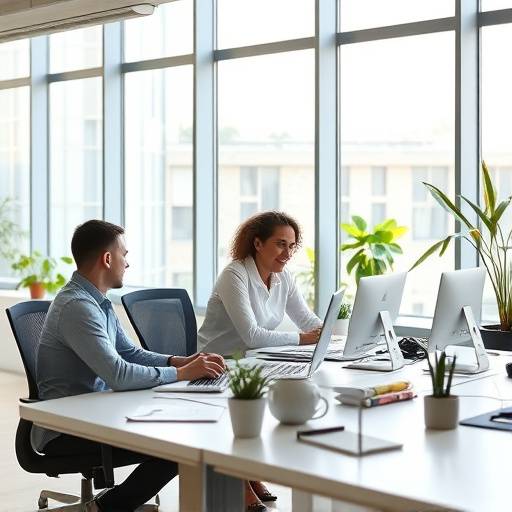 A modern, bright office space at Apex Financial Solutions with colleagues collaborating at a desk.