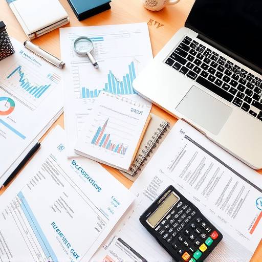 Accountant reviewing financial documents on a desk with a laptop and calculator
