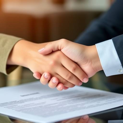 An illustration of two people shaking hands over a contract, representing financial partnerships.