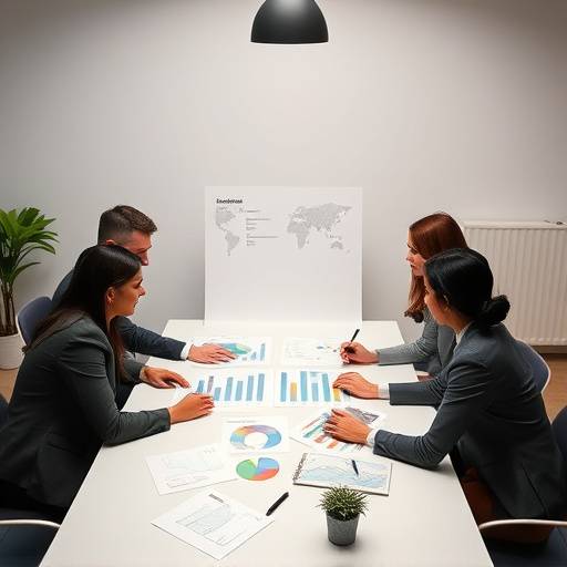 Team collaborating around a table with charts and graphs, representing business advisory.